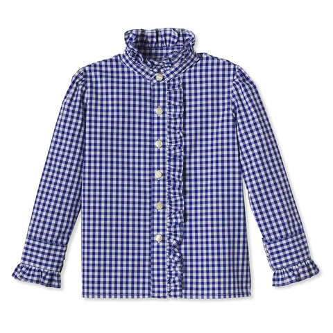 Bright Navy Gingham Ginny Ruffle Button Front Shirt (10,12)